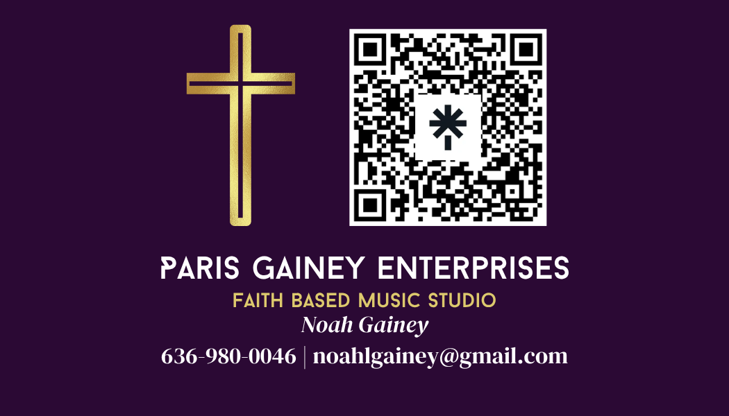 Business card back: a gold cross, Paris Gainey Enterprises, Noah Gainey, and contact details.