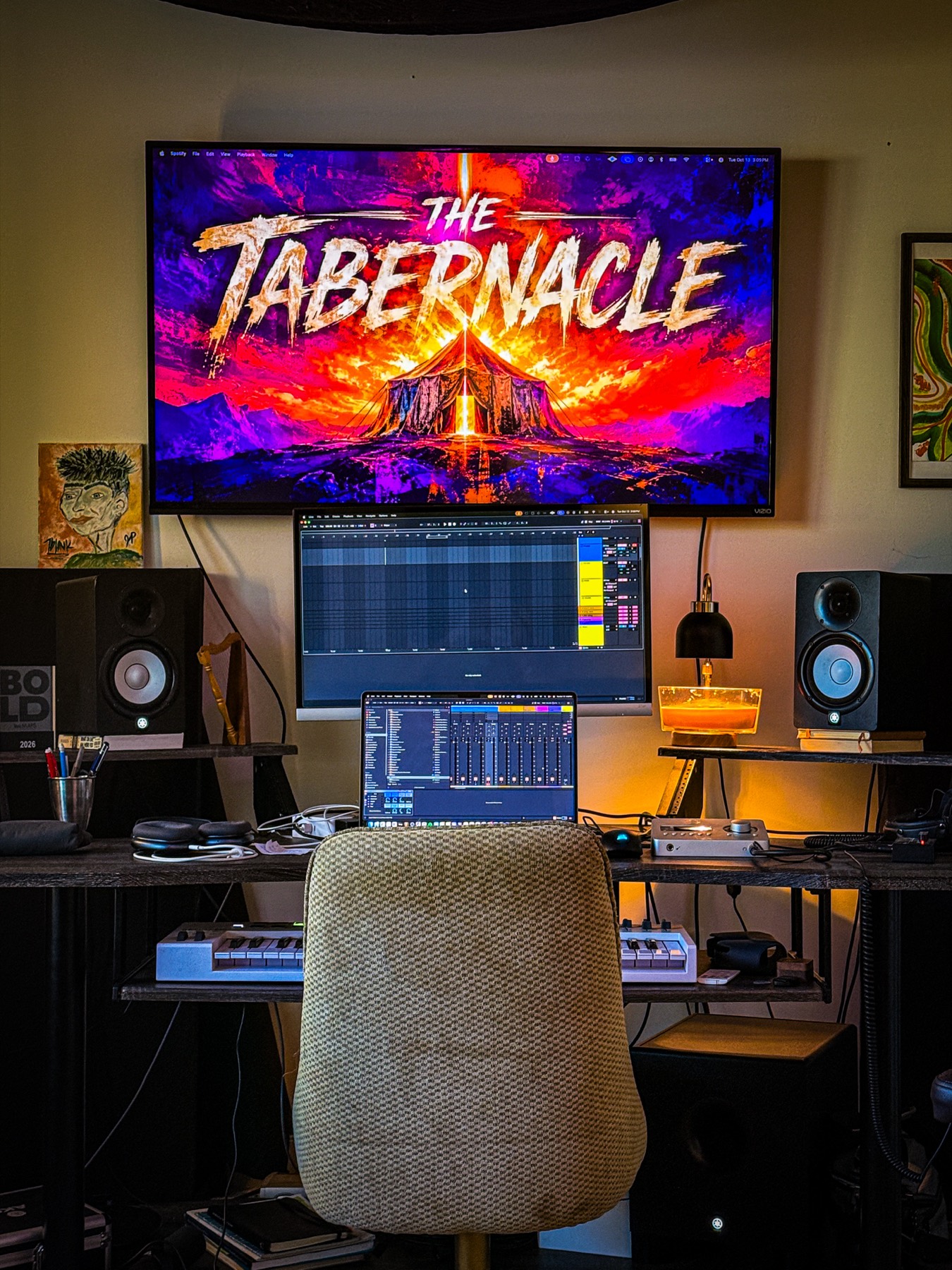 The recording desk from the chair, with a session open and The Tabernacle on the screen above.